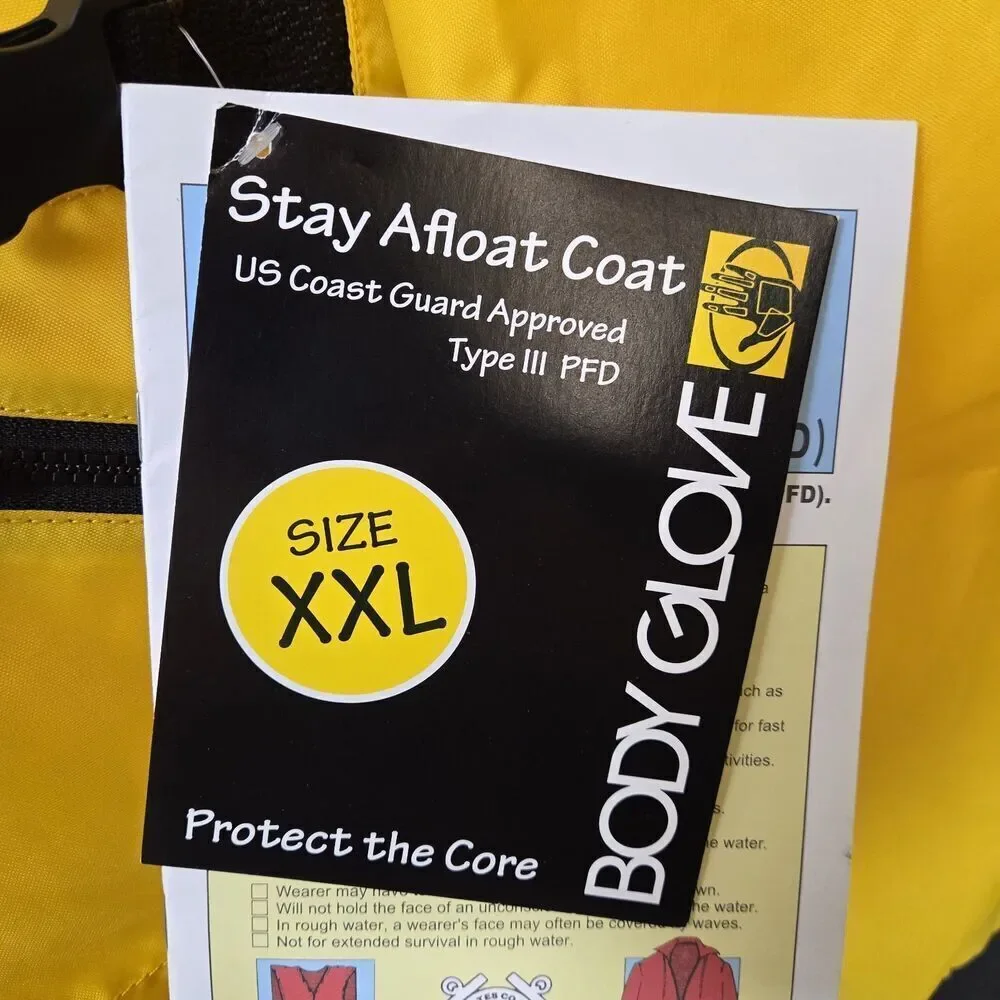 Body Glove Stay Afloat Coat Life Jacket Size XXL Type III PFD Yellow